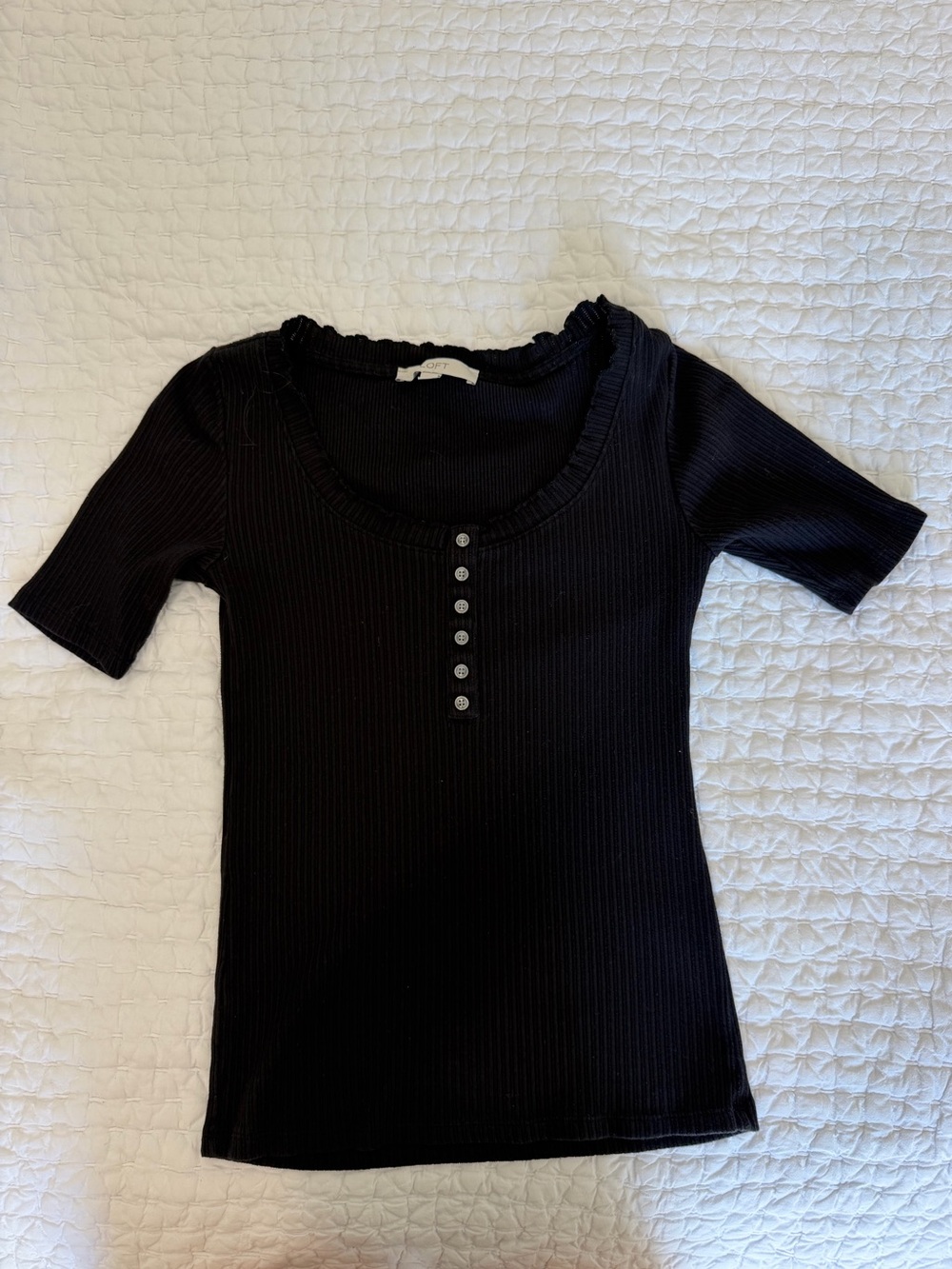 LOFT Black Ribbed Short Sleeve Henley Top